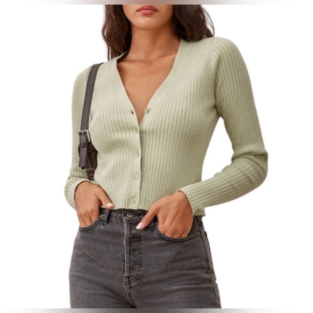 REFORMATION Gilda Ribbed Cardigan Eucalyptus Size Small New